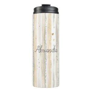 Cream White Hearts Stripes Thermal Tumbler