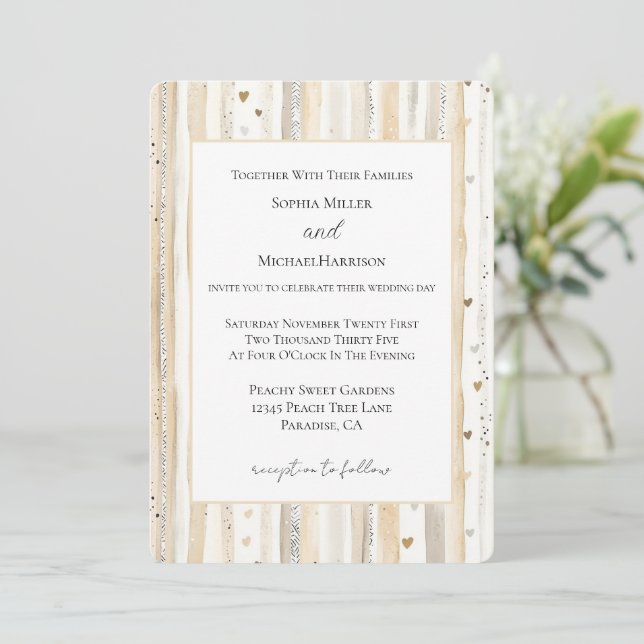 Cream White Hearts Stripes Wedding Invitation (Standing Front)