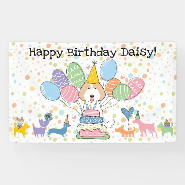 Cream White Labradoodle Dog Birthday Party Banner (Horizontal)