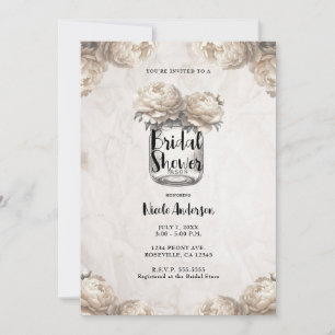 Cream White Peony Mason Jar Rustic Bridal Shower Invitation