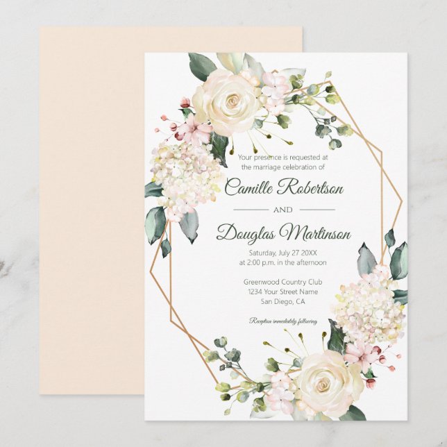 Cream White Pink Floral Geometric Wedding | Invitation (Front/Back)