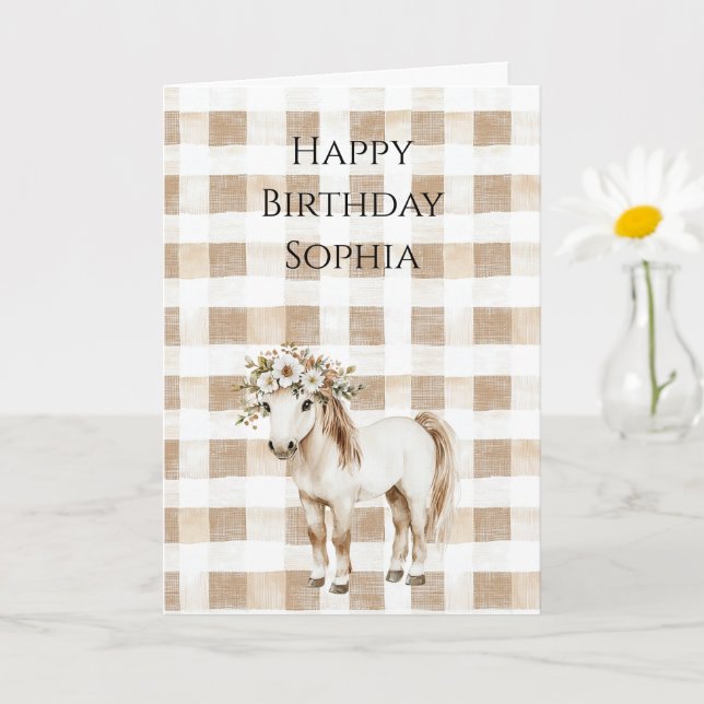 Cream White Plaid Stripes Floral Horse Birthday Card (Small Plant)