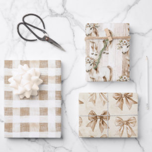 Cream White Plaid Stripes Floral Horse Birthday Wrapping Paper Sheet