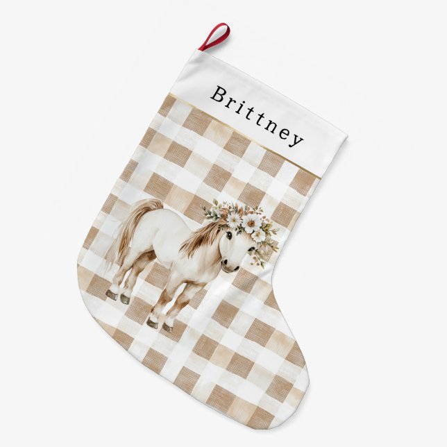 Cream White Plaid Stripes Floral Horse Christmas Large Christmas Stocking (Front (Hanging))