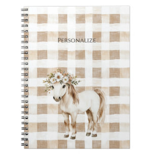 Cream White Plaid Stripes Floral Horse Notebook