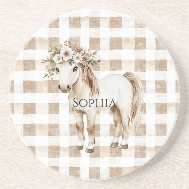 Cream White Plaid Stripes Horse Birthday Coaster (Front)