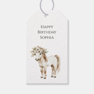 Cream White Plaid Stripes Horse Birthday Gift Tags
