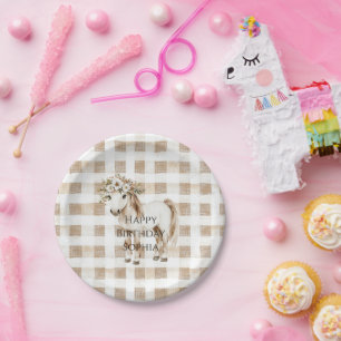 Cream White Plaid Stripes Horse Birthday Paper Plate