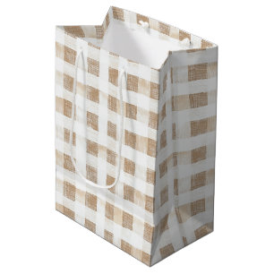 Cream White Plaid Stripes Medium Gift Bag