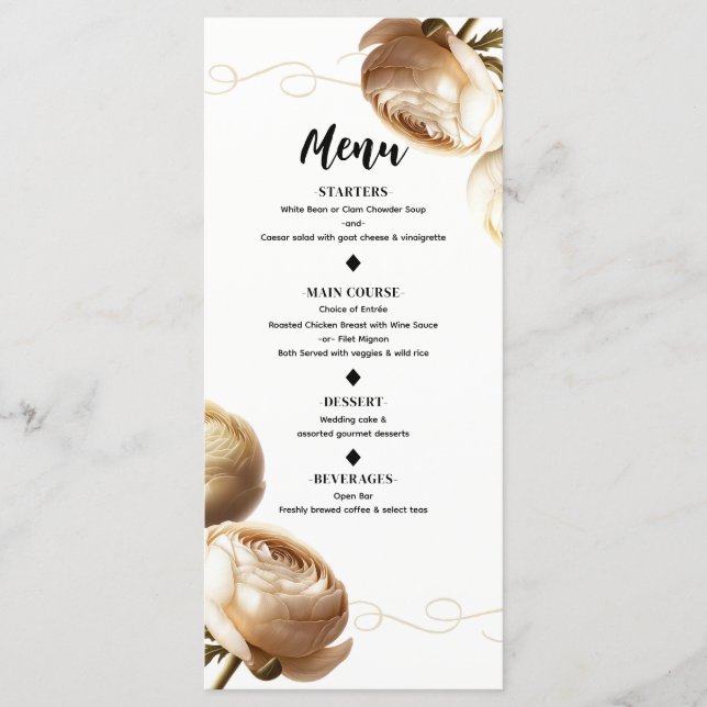 Cream & White Ranunculus Floral Wedding Menu (Front)