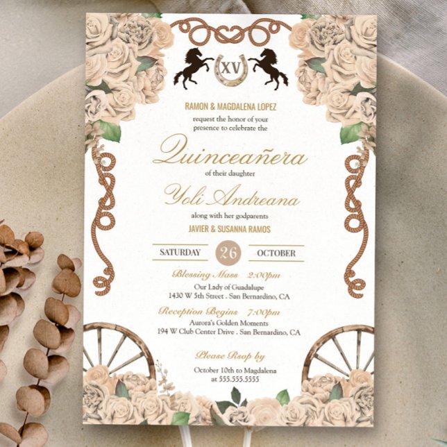 Cream White Rose Western Charro Quince Invitation (Creator Uploaded)