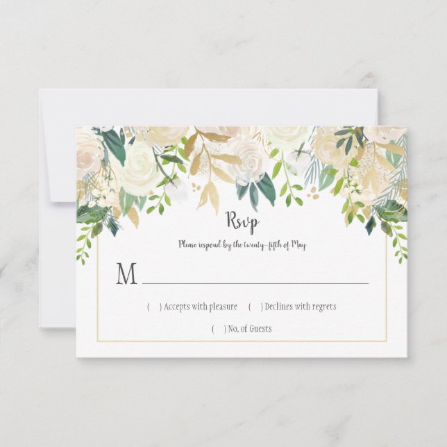 Cream White Roses Cascade Glitter Greenery RSVP | (Front)