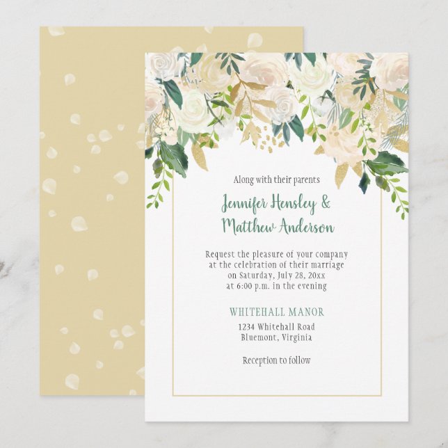 Cream White Roses Cascade Wedding Invitation (Front/Back)