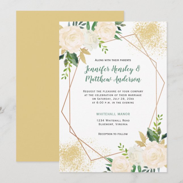 Cream White Roses Geometric Gold Glitter Invitation (Front/Back)