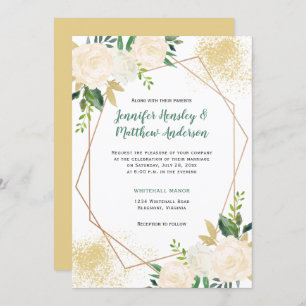 Cream White Roses Geometric Gold Glitter Invitation
