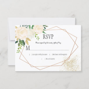 Cream White Roses Glitter Greenery Geometric RSVP