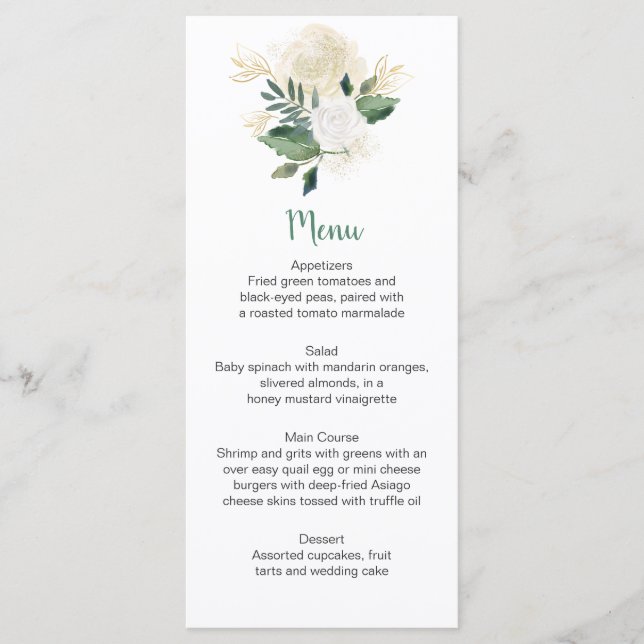 Cream White Roses Glitter Greenery Menu Rack Cards (Front)
