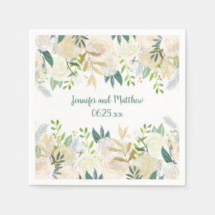 Cream White Roses Glitter Greenery Reception #2 Napkin