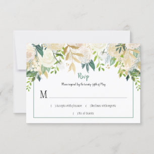 Cream White Roses Glitter Greenery RSVP   Card