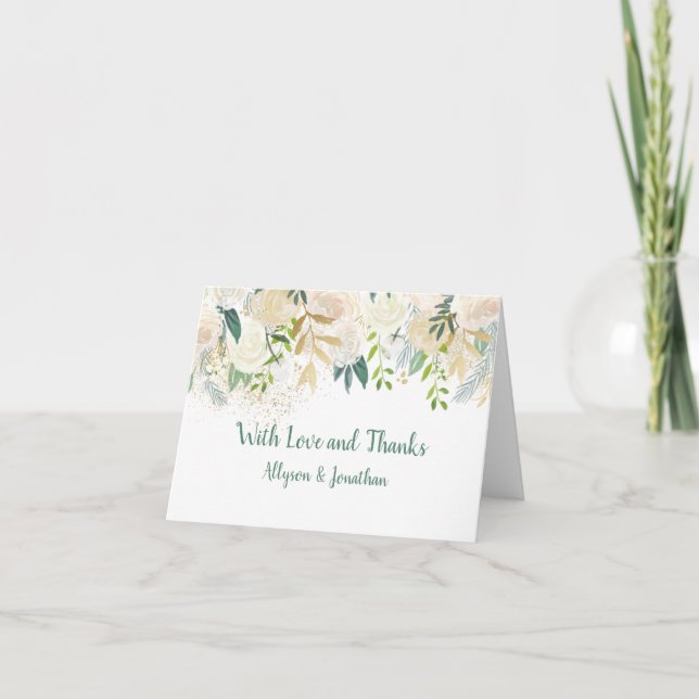 Cream White Roses Glitter Greenery Thank You Cards (Front)