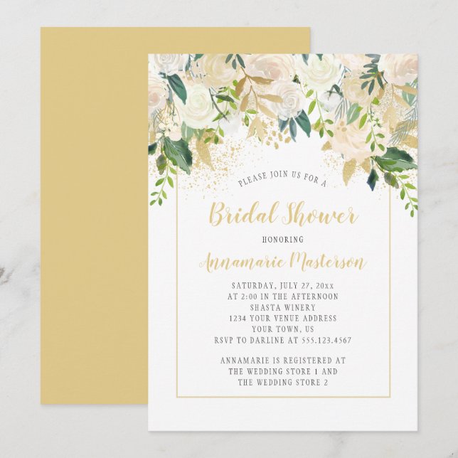 Cream White Roses Gold Accents Bridal Shower Invitation (Front/Back)