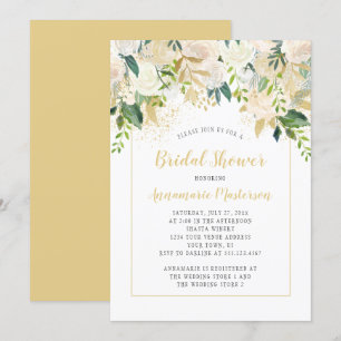 Cream White Roses Gold Accents Bridal Shower Invitation