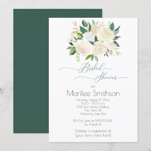 Cream White Roses Gold Green Leaves Bridal Shower Invitation