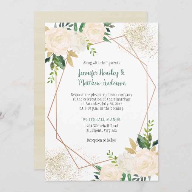 Cream White Roses Modern Geometric Gold Glitter Invitation (Front/Back)