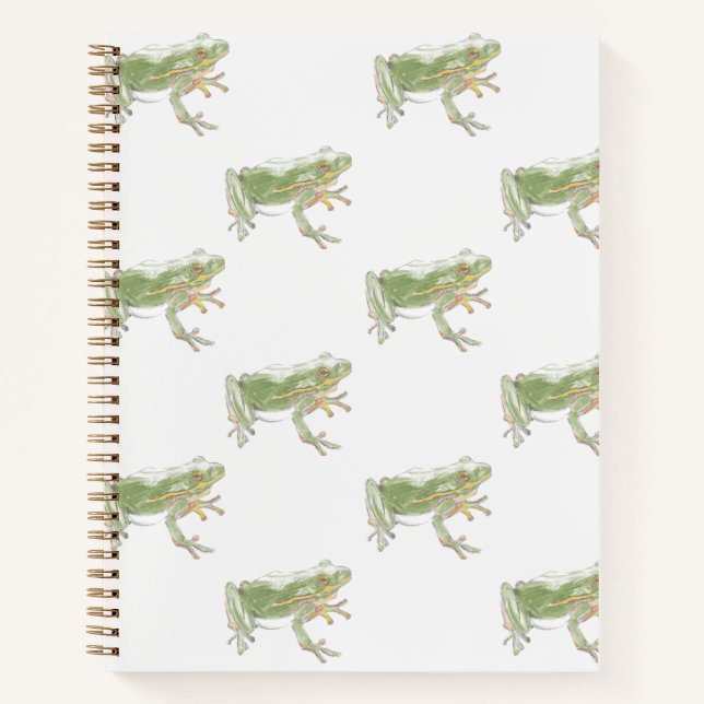 Cream White Sage Green Watercolor Frog Pattern Notebook (Front)