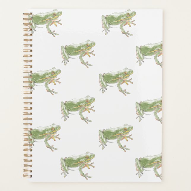 Cream White Sage Green Watercolor Frog Pattern Planner (Front)