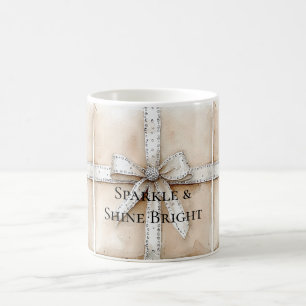 Cream White Silver Glitzy Glam Bow Birthday Coffee Mug