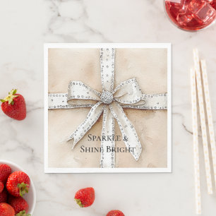 Cream White Silver Glitzy Glam Bow Birthday Napkin