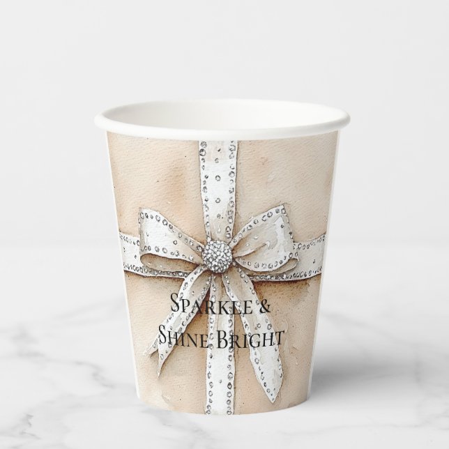 Cream White Silver Glitzy Glam Bow Birthday Paper Cups (Front)