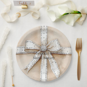 Cream White Silver Glitzy Glam Bow Birthday Paper Plate