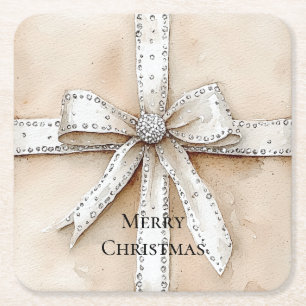 Cream White Silver Glitzy Glam Bow Birthday Square Paper Coaster
