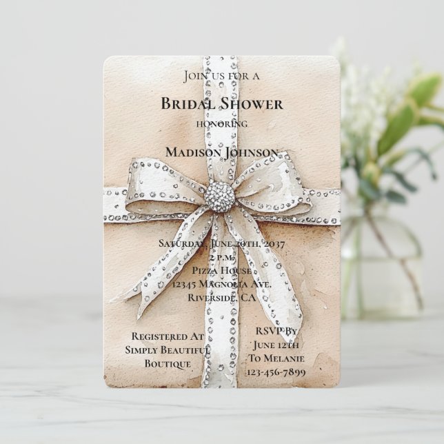 Cream White Silver Glitzy Glam Bow Bridal Shower Invitation (Standing Front)