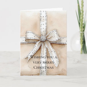 Cream White Silver Glitzy Glam Bow Christmas Card