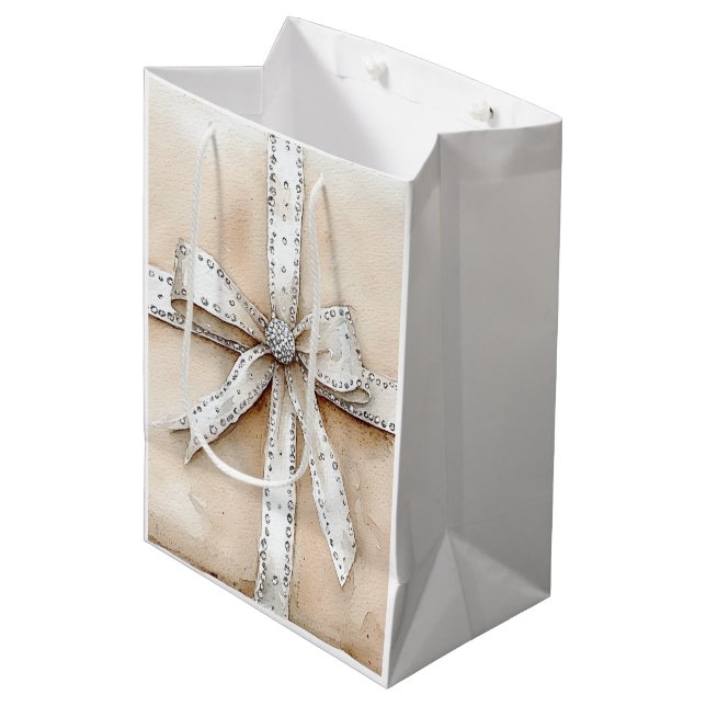 Cream White Silver Glitzy Glam Bow Christmas Medium Gift Bag (Front Angled)