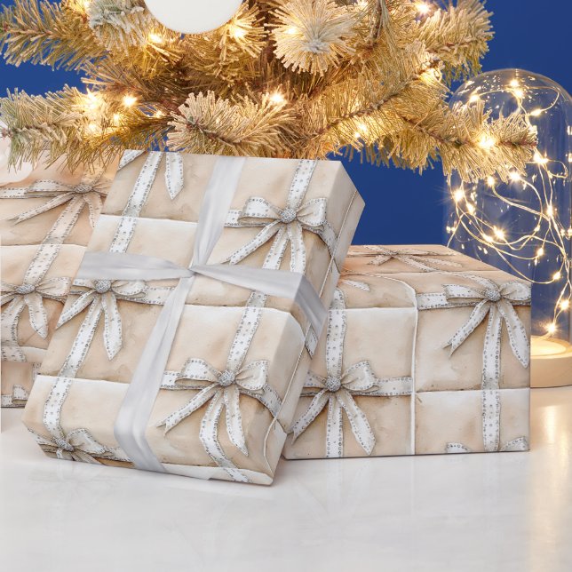Cream White Silver Glitzy Glam Bow Christmas Wrapping Paper (Holidays)