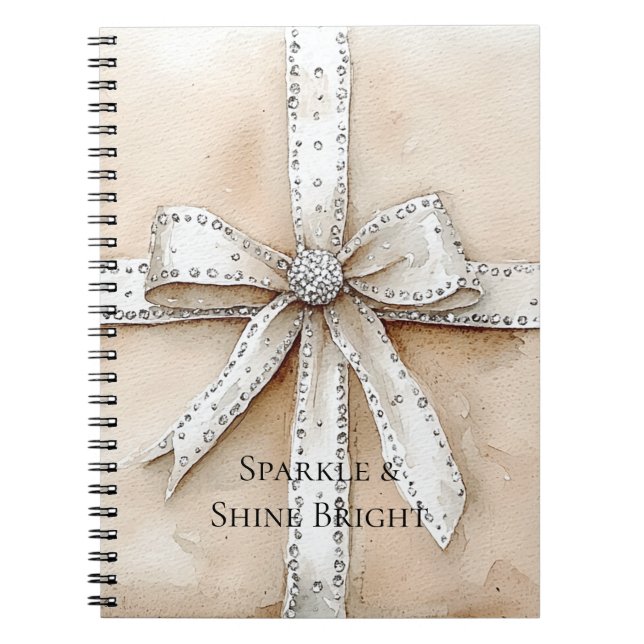 Cream White Silver Glitzy Glam Bow Notebook (Front)