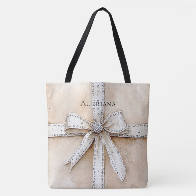 Cream White Silver Glitzy Glam Bow Tote Bag (Front)
