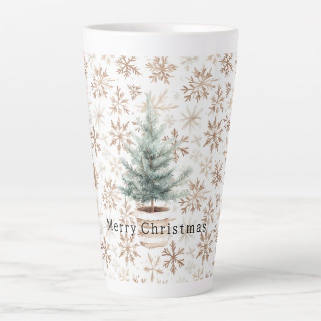 Cream White Snowflakes Christmas Tree Latte Mug (Front)