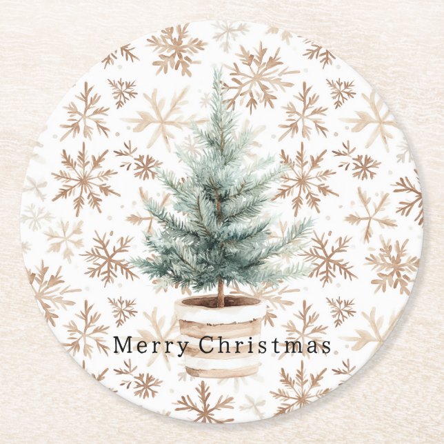 Cream White Snowflakes Christmas Tree  Round Paper Coaster (Front)