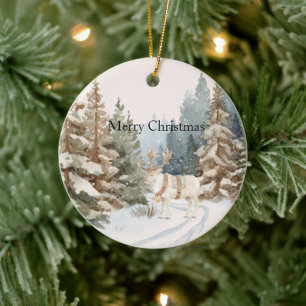 Cream White Stripes Deer Christmas Trees Ceramic Tree Decoration