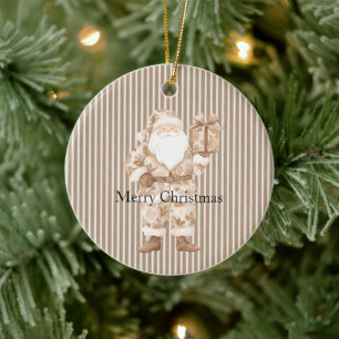 Cream White Stripes Santa Christmas Ceramic Tree Decoration