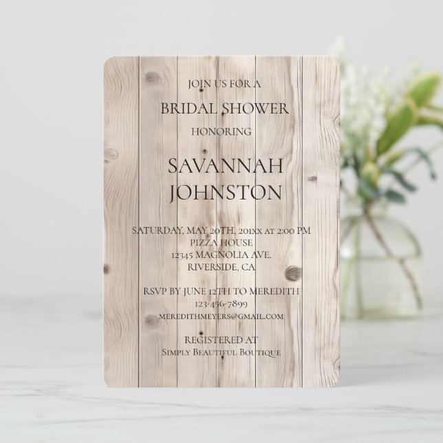 Cream White Wood Bridal Shower Invitation (Standing Front)