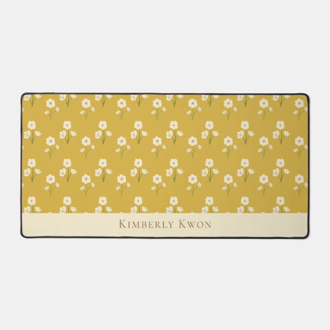 Cream Wildflowers Custom Name Floral Yellow Desk Mat (Front)