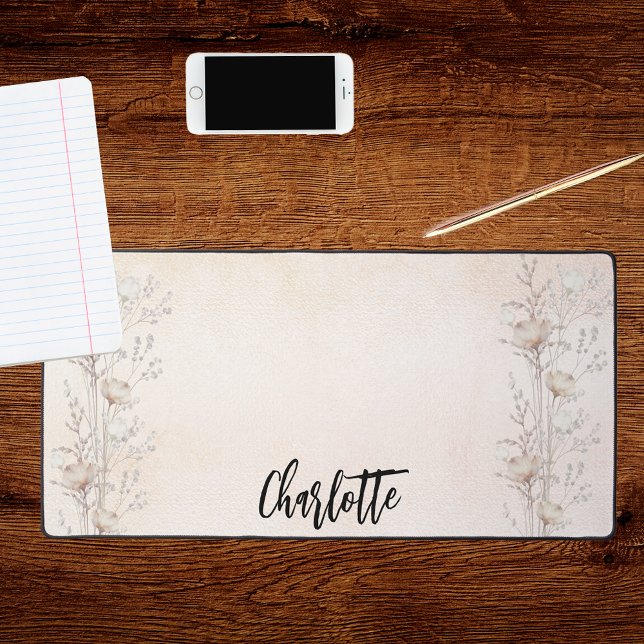 Cream wildflowers rose gold blush pink name desk mat (Creator Uploaded)