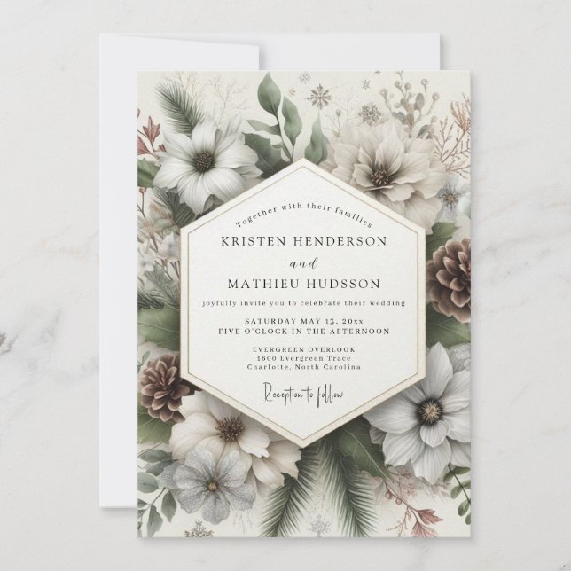 Cream Winter Bloom Wedding Invitation (Front)