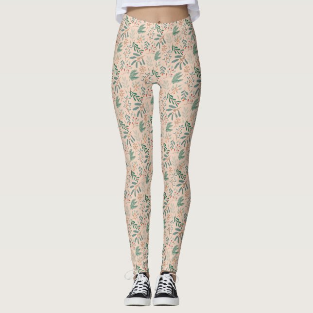 Cream Winter Botanical Pattern Leggings (Front)